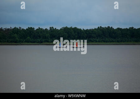 Bateau à voile sur l'Paschhur, près de Sundarbans, la plus grande forêt de mangroves dans le monde. Le Bangladesh. Banque D'Images