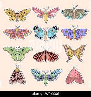 Autocollants dessinés à la main avec des papillons en style doodle Illustration de Vecteur