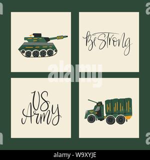 Illustrations vectorielles militaire. Cartes de l'armée avec une télévision illustrations des transports de guerre - le réservoir et la guerre et voiture lettrage dessiné à la main précédemment - US Army. Être st Illustration de Vecteur