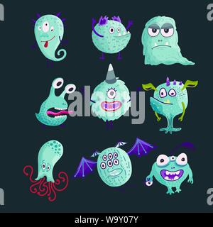 Cute cartoon vector monster icônes dans un style. Handdrawn autocollants. Bébé couleur cliparts. Grand jeu de caractères d'halloween isolé. Illustration de Vecteur