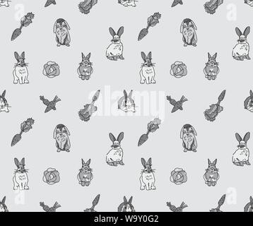 Les lapins et les carottes chou animal animaux lignes gris motif transparent Illustration de Vecteur