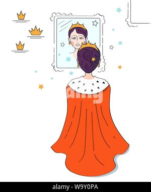 Triste princesse, reine du Golden Crown et manteau rouge regarde le reflet dans un miroir, insatisfait avec succès. Illustration vectorielle, cartoon style. Illustration de Vecteur