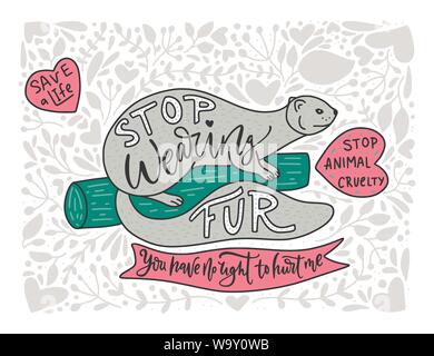 Arrêter de porter de la fourrure. Illustration à la main avec le vison et le lettrage. Interdiction. Protéger les animaux. Cartoon vector illustration doodle. Illustration de Vecteur