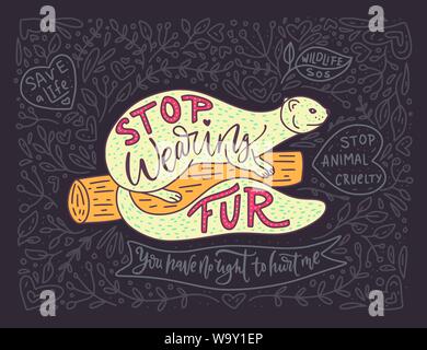 Arrêter de porter de la fourrure. Illustration à la main avec le vison et le lettrage. Interdiction. Protéger les animaux. Cartoon vector illustration doodle. Illustration de Vecteur