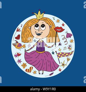 Parti Mardi gras vector illustration. Carnaval et carte d'anniversaire avec doodle illustration et devis lettrage. Fille de la princesse costume. Greetin ronde Illustration de Vecteur