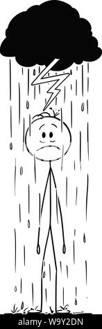 Vector cartoon stick figure dessin illustration conceptuelle de l'homme ou homme frustré permanent dans la pluie sous petit nuage d'orage, la foudre frappant avec lui. Illustration de Vecteur