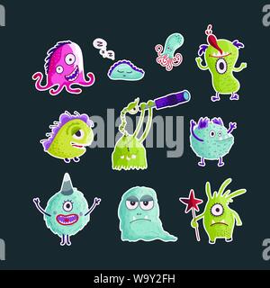 Cute cartoon vector monster icônes dans un style. Handdrawn autocollants. Bébé couleur cliparts. Grand jeu de caractères d'halloween isolé. Illustration de Vecteur