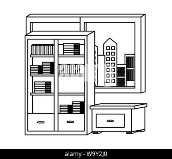 Éléments de travail de bureau et les dessins animés en noir et blanc Illustration de Vecteur