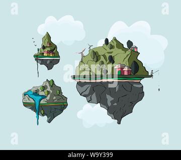 L'île flottante, 3d fantasy earth, paysage verdoyant. Magic Cartoon illustration eco. Illustration de Vecteur