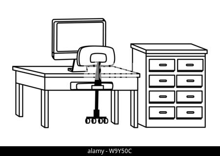 Éléments de travail de bureau et les dessins animés en noir et blanc Illustration de Vecteur