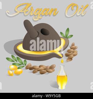 Illustration vectorielle ancienne pierre à moulin avec huile d'argan qui coule dans une bouteille de verre près des fruits argan et des noix d'argan avec des feuilles vertes. Huile d'argan Illustration de Vecteur