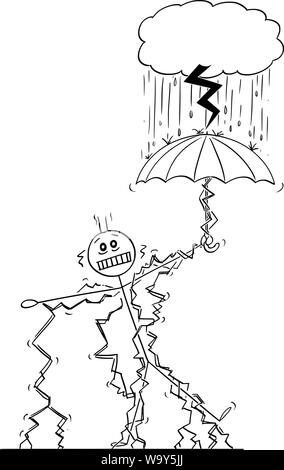 Vector cartoon stick figure dessin illustration conceptuelle de l'homme ou homme frappé par la foudre, quand debout en toute sécurité sous la pluie parapluie sous petit nuage d'orage. Illustration de Vecteur