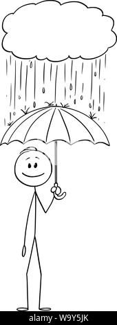 Vector cartoon stick figure dessin illustration conceptuelle de l'homme ou homme-debout avec parapluie sous la pluie tombant de petite tempête nuage. Illustration de Vecteur