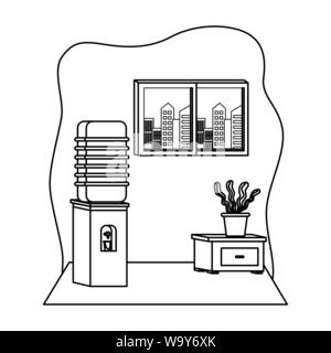 Éléments de travail de bureau et les dessins animés en noir et blanc Illustration de Vecteur