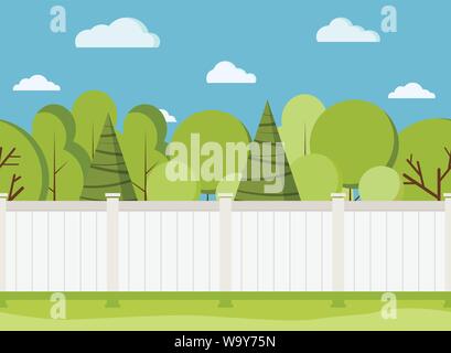 Clôture en bois blanc avec des arbres. White Fence rural moderne avec l'herbe verte. Illustration de Vecteur