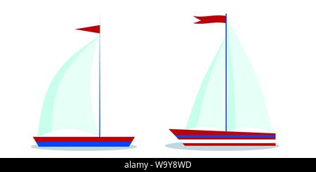 Les icônes de style dessin animé isolé bleu et rouge voiliers d'une ou de deux voiles. Illustration de Vecteur