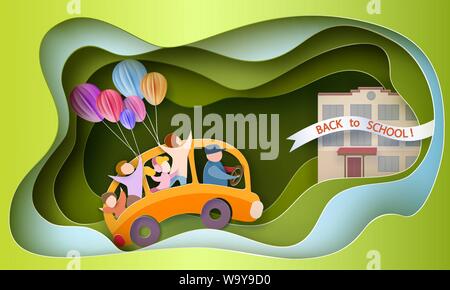 Retour à l'école 1 septembre carte. Les enfants en bus avec des ballons d'air. Modèle de coupe de papier. Vector illustration Illustration de Vecteur