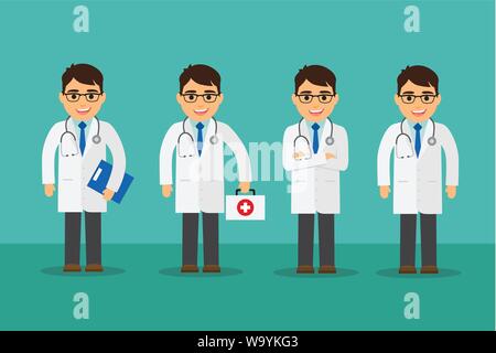 Médecin homme ensemble avec les résultats du test et la trousse de premiers soins isolated vector illustration Illustration de Vecteur