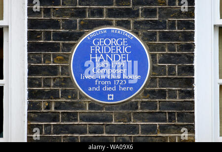 Blue Plaque commémorant le compositeur George Frideric Handel à 25 Brook Street, Mayfair, London W1K 4HB, City of westminster. Banque D'Images