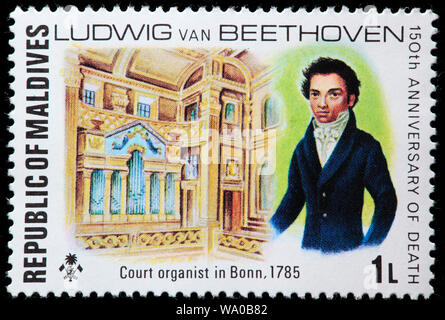 Ludwig van Beethoven (1770-1827), organiste de la Cour, Bonn, 1785, timbre-poste, Maldives, 1977 Banque D'Images