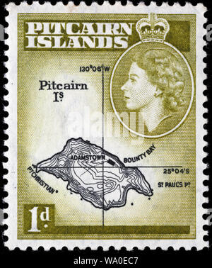 Carte de l'île de Pitcairn, timbre-poste, îles Pitcairn, 1957 Banque D'Images