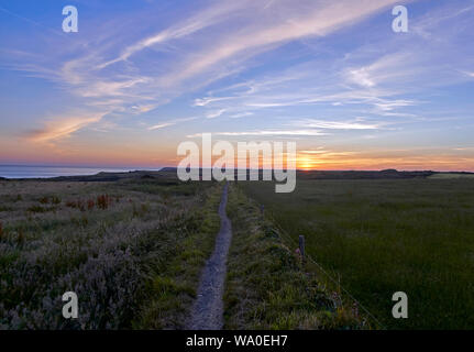 Un chemin et le ciel juste avant le coucher du soleil. Vue sur Lizard Downs vers Kynance Cove - au nord de cap Lizard sur la péninsule de Lizard, Cornwall Banque D'Images