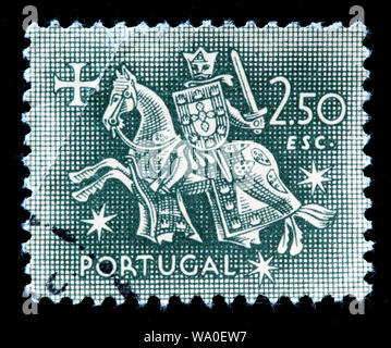 Chevalier à cheval, de l'étanchéité du roi Dinis, timbre-poste, Portugal, 1953 Banque D'Images