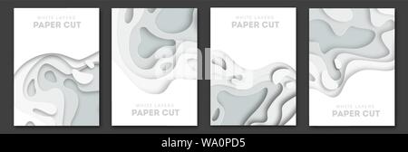 Coupe papier des formes d'onde. Blanc design Origami courbe en couches pour les présentations, dépliants, affiches. Ensemble de 4 bannières verticales. Carte 3D abstrait Illustration de Vecteur
