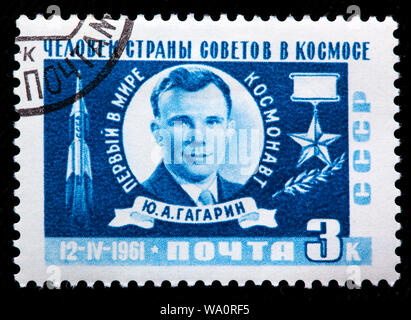 Lancement du premier vol spatial habité, Yuri Gagarin (1934-1968), cosmonaute, héros de l'URSS, timbre-poste, Russie, URSS, 1961 Banque D'Images