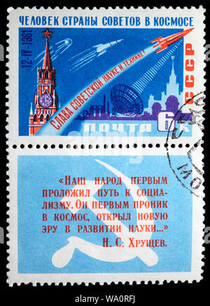 Lancement du premier vol spatial habité, Yuri Gagarin (1934-1968), cosmonaute, héros de l'URSS, timbre-poste, Russie, URSS, 1961 Banque D'Images