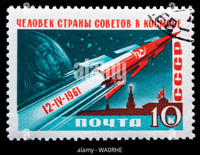 Lancement du premier vol spatial habité, Yuri Gagarin (1934-1968), cosmonaute, héros de l'URSS, timbre-poste, Russie, URSS, 1961 Banque D'Images