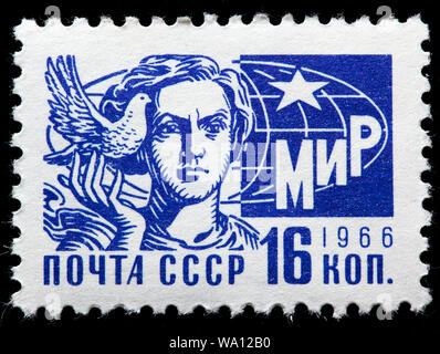 Femme avec colombe de la paix, timbre-poste, Russie, URSS, 1966 Banque D'Images