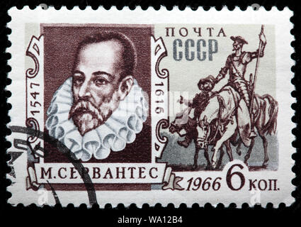 Miguel de Cervantes (1547-1616), scène de Don Quichotte, timbre-poste, Russie, URSS, 1966 Banque D'Images