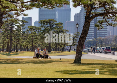 Couple pique-nique dans le parc, Tokyo, Japon. Banque D'Images