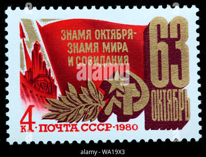 63e anniversaire de la Grande Révolution d'octobre, timbre-poste, Russie, URSS, 1980 Banque D'Images