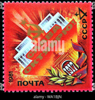 64e anniversaire de la Grande Révolution d'octobre, timbre-poste, Russie, URSS, 1981 Banque D'Images