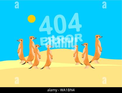 Page d'erreur 404 et les suricates en désert. La famille suricates et attendre. Petite mangouste signe. Page Web introuvable. vector illustration Illustration de Vecteur