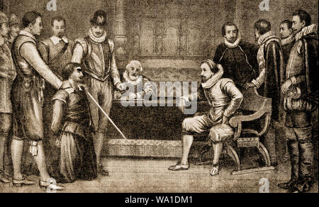 Conspiration complot 1605 - Arrestation de Guy Fawkes- interrogé par le roi Jacques 1er d'Angleterre Banque D'Images