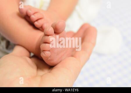 Bébé nouveau-né pieds dans l'homme la main avec fond bleu. Copier l'espace. Soft focus Banque D'Images