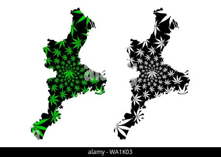 La Préfecture de Mie (divisions administratives du Japon, préfectures du Japon) La carte est conçue de feuilles de cannabis vert et noir, Mif site faite de la marijuana (mar Illustration de Vecteur