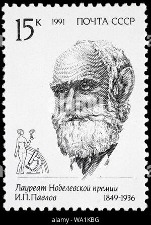 Ivan Pavlov (1849-1936), physiologiste russe, psychologue, médecin, Prix Nobel de physiologie ou médecine (1904), timbre-poste, Russie, Etats-Unis Banque D'Images