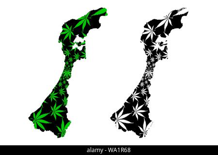 La Préfecture d'Ishikawa (divisions administratives du Japon, préfectures du Japon) La carte est conçue de feuilles de cannabis vert et noir, Ishikawa site fait de mari Illustration de Vecteur