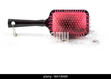 Tas de problème de perte de cheveux des femmes, les poils tombent avec pinceau rose sur fond blanc. Banque D'Images