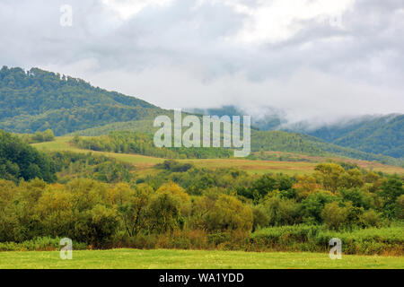 Région rurale dans les montagnes à l'aube. Les champs agricoles au début de l'automne. couvert pluie. campagne des Carpates traditionnels Banque D'Images