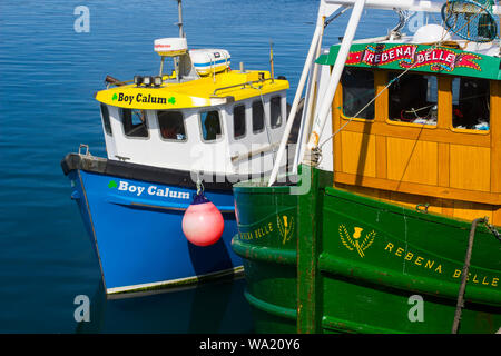 8 Août 2019 Le garçon Calum et les chalutiers Belle Rebena lié à Ardglass harbour sur une belle après-midi d'été Banque D'Images