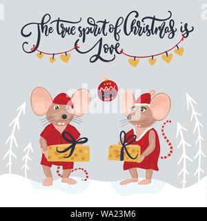 Vecteur de Noël souris. Cartoon illustration avec mise et le lettrage citation. Le véritable esprit de Noël, c'est l'amour. Illustration de Vecteur