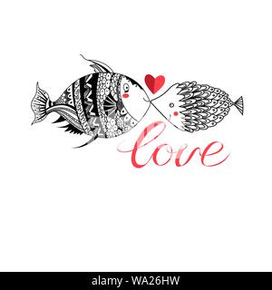 Graphique d'amour poisson avec coeur isolé sur fond blanc. Saint Valentin modèle de carte de vœux. Illustration de Vecteur