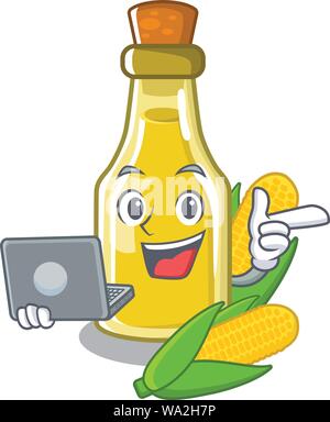 Ordinateur portable avec de l'huile de maïs dans un bol de dessin animé Illustration de Vecteur