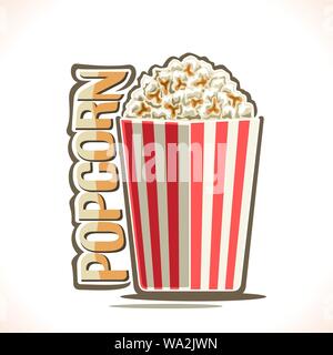 Vector affiche de pop-corn, rayé rouge seau rempli de carton pop corn salé pour le cinéma maison, caractère original pour mot popcorn pour big tasse de papier, Illustration de Vecteur