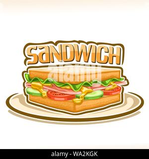 Vector affiche pour sandwich, entre la place des tranches de pain de blé de la laitue fraîche, français jambon, tomate et concombre, caractère original pour mot sandwich, Illustration de Vecteur